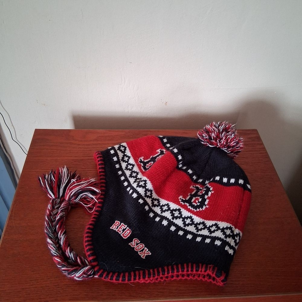 Red Sox Men's Fair Isle Design Knit Pom-Pom Ear Flap Tassel Tie Winter MLB Hat